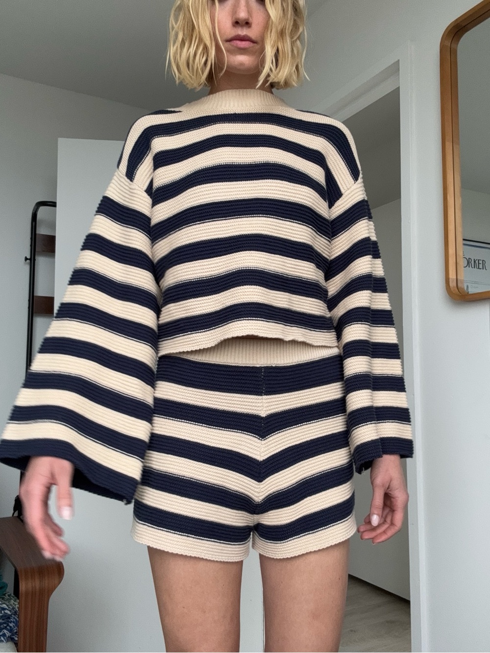 Princess Polly Navy & Cream Striped Knit Two-Piece Set XS/S (COTTON & ACRYLIC)